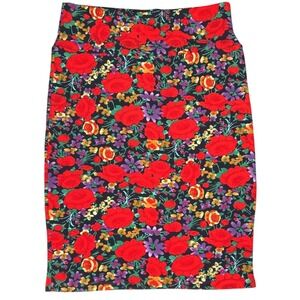 LuLaRoe Cassie Pencil Skirt Womens Red Rose Floral Bodycon Boho Stretchy Medium